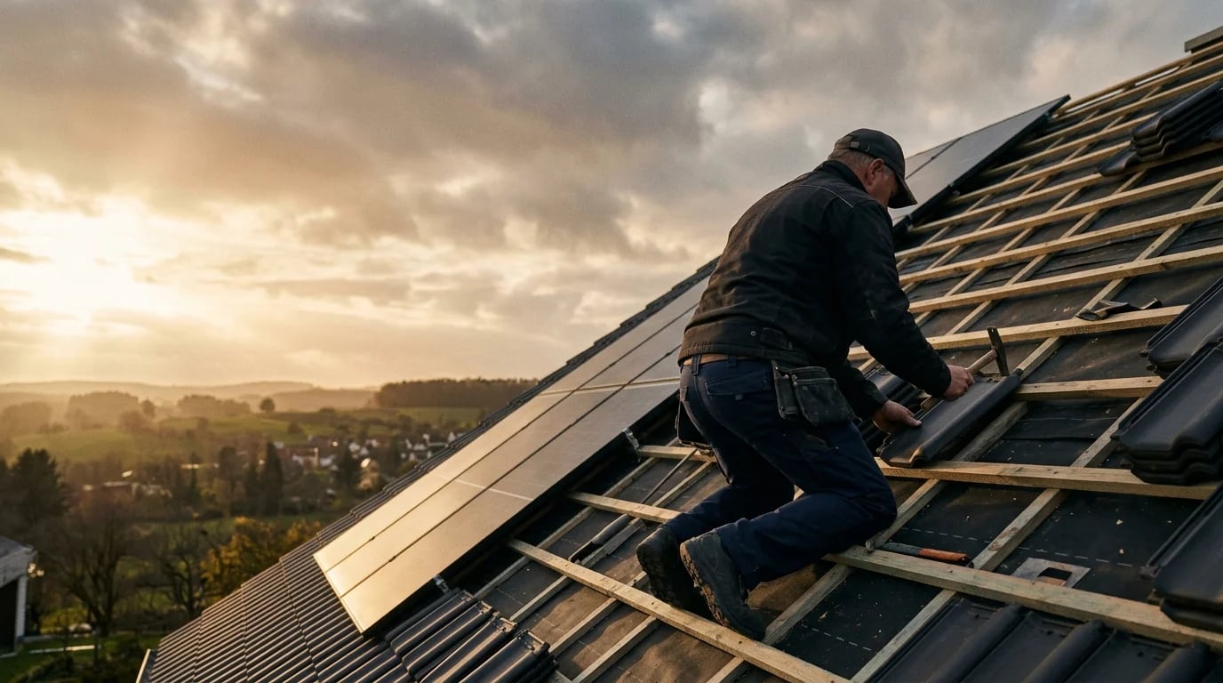 Dachdecker kniet im Abendlicht auf einem steilen Ziegeldach und legt dunkle Dachziegel, daneben bereits montierte Photovoltaikmodule